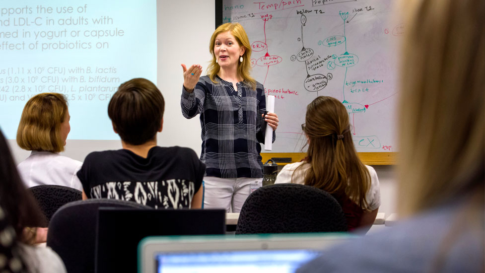 Person presenting in front of a small class