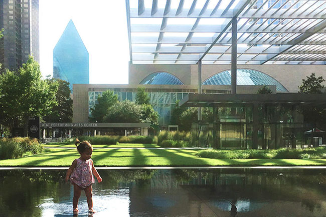 Sammons Center Park reflecting pool with Meyerson Symphony Center in the background