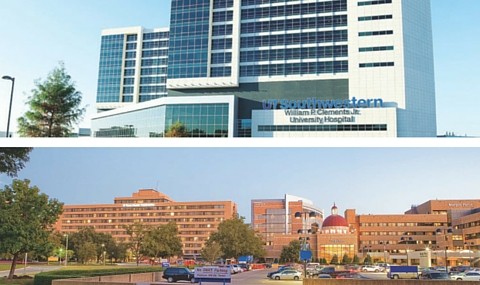 The network forges a strong alliance between the flagship hospitals of UTSW and THR: William P. Clements Jr. University Hospital (top) and Texas Health Presbyterian Hospital Dallas.