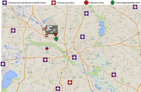 Parkland Health & Hospital System’s 12 Dallas-area clinics providing primary care (boxed crosses), along with the system’s women’s clinics (red crosses) and gynecologic specialty clinic (green circle), are hubs for PROSPR Center outreach plus colorectal and cervical cancer research. Parkland Health & Hospital Systems (12 Dallas-area clinics)