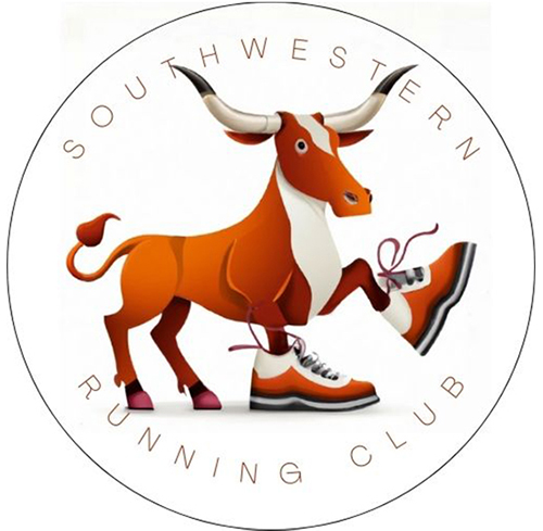 Cartoon drawing of Texas longhorn wearing sneakers on front hooves circled by text that reads Southwestern Running Club