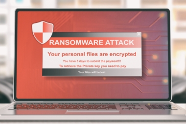 computer screen displays alert message with shield icon and text: ransomeware attack, your personal files are encrypted, you have 5 days to submit the payment!!! to retrieve the Private key you need to pay, your files will be lost 