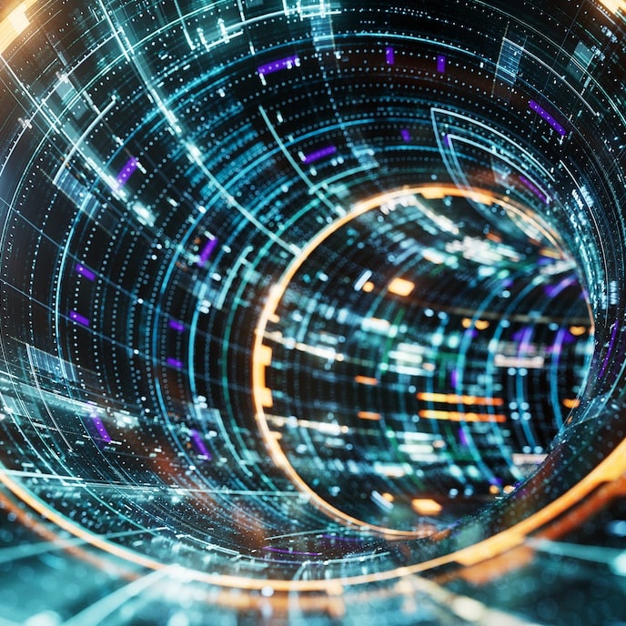 a tunnel made of curcuitry and lights