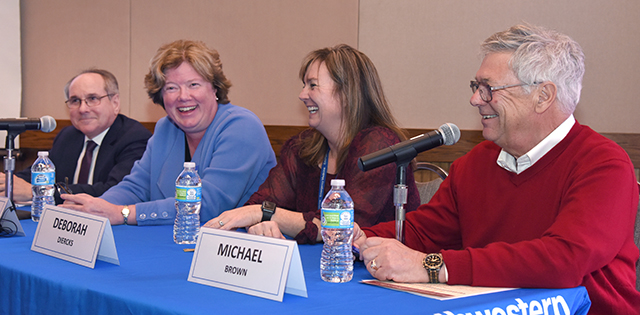 Panelists at the fall faculty forum for women in science and medicine were (from left) UT Southwestern President Dr. Daniel K. Podolsky, Dr. Sharon Reimold, Dr. Deborah Diercks, and Nobel Laureate Dr. Michael Brown.