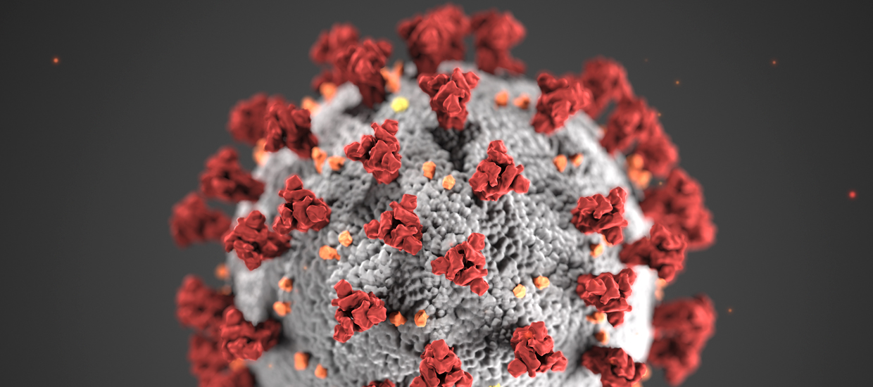 Coronavirus cell with red spikes on outside
