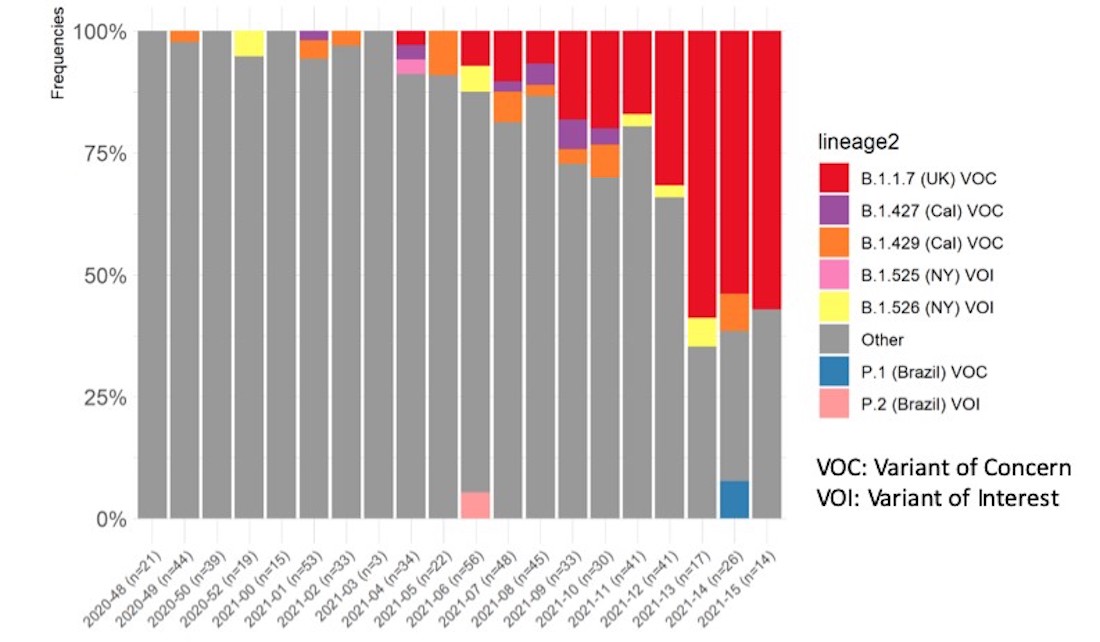 As shown, incidents of Brazil variation have been detected in North Texas, although the U.K. variant remains dominant.