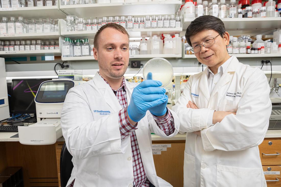 two men in white lab coats, in lab, review experiment results