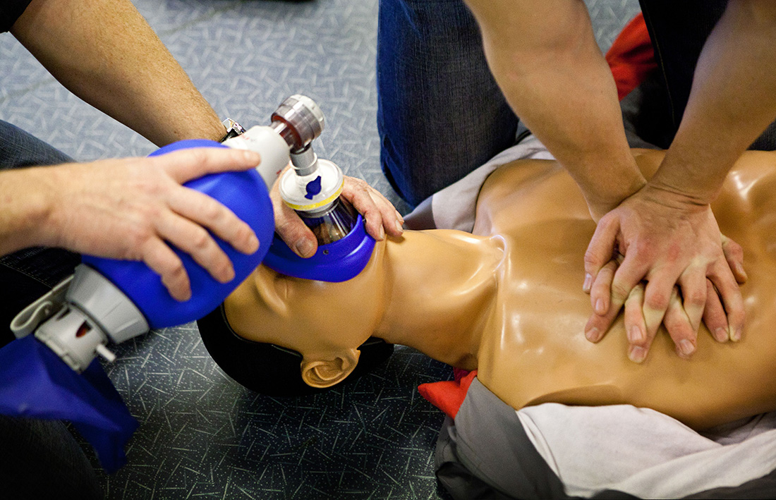 Students practice bag-valve-mask cpr