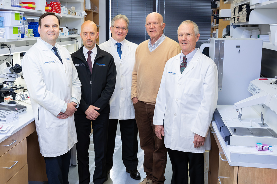 UT Southwestern researchers (l-r) Kevin Courtney, M.D., Ph.D.; James Brugarolas, M.D., Ph.D.; Richard Bruick, Ph.D.; Steven McKnight, Ph.D.; and David Russell, Ph.D.