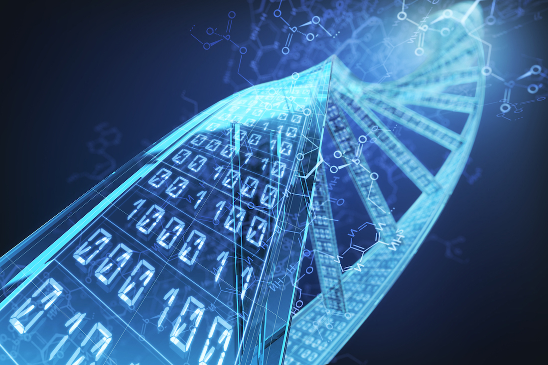 Abstract binary DNA structure with chemical symbol