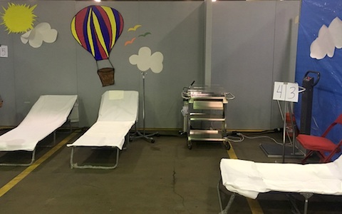 Pediatrics faculty physicians are staffing the Mega-Shelter Medical Clinic at Kay Baily Hutchison Convention Center to help treat children evacuated from Hurricane Harvey.” width=