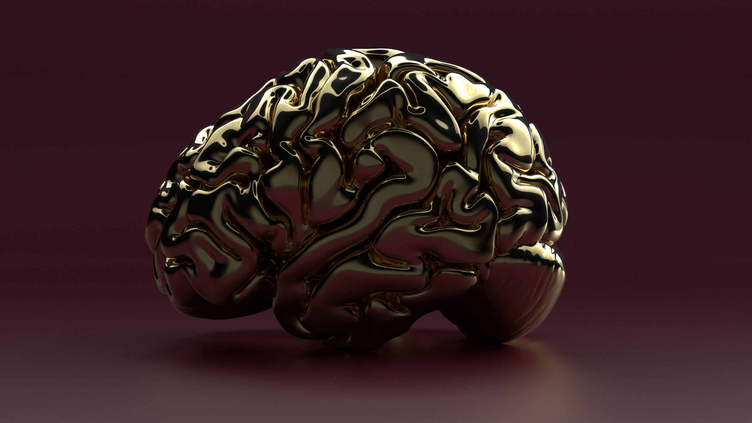 Gilded model of brain on a dark purple background