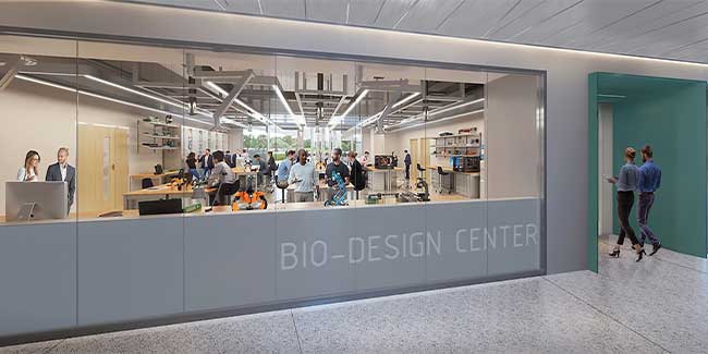An architectural rendering that shows people working and collaborating in the bio-design center