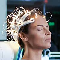headshot of woman wearing brain monitoring device