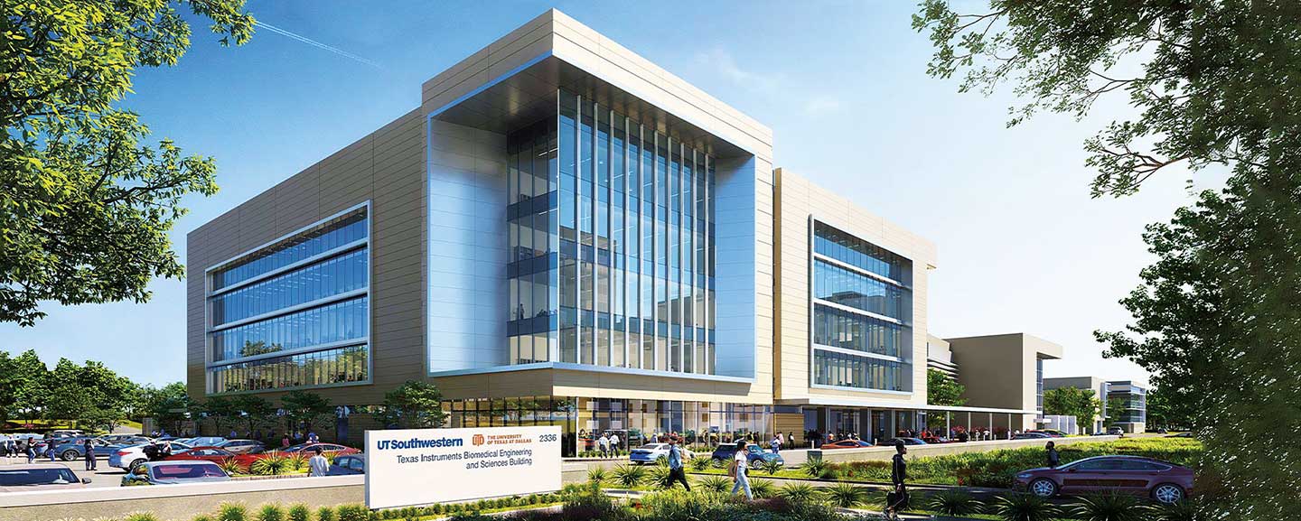 An architectural rendering depicts the Texas Instruments Biomedical Engineering and Sciences Building, now under construction on UT Southwestern’s East Campus.