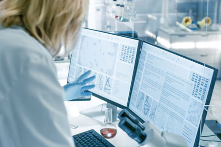 female medical staff stands looking at 2 computer monitors