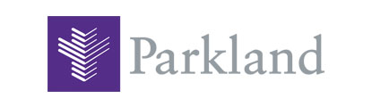 Parkland logo, purple square with chevrons followed by the word Parkland