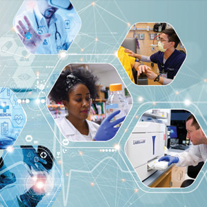 Digital collage featuring interconnected hexagon shapes that contain images of healthcare workers in various roles