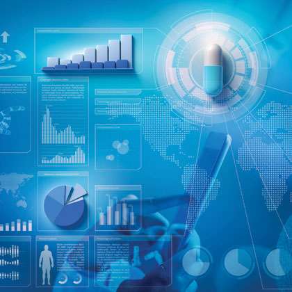 Digital image layered with graphs, charts, a pill capsule, world map, and mobile device