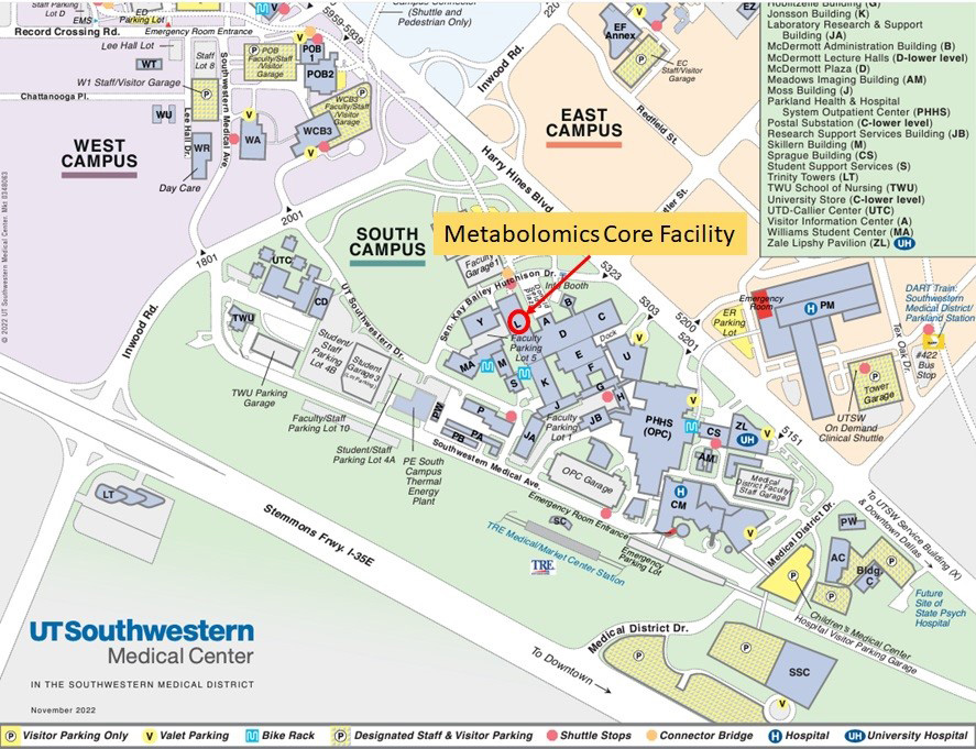 Colorful map that highlights the location of the Metabolomic Core Facility within the south campus
