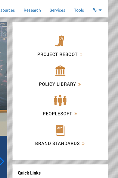 A mockup image showing the icon-based navigation elements for Project Reboot, Policy Library, PeopleSoft, and Brand Standards
