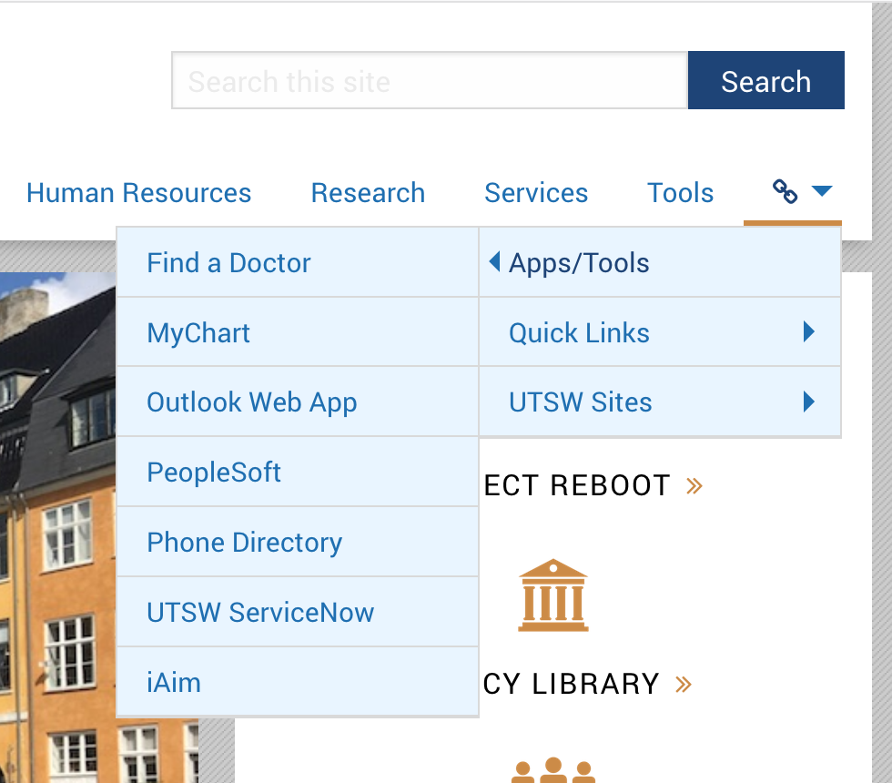 A mockup showing the updates to our navigation pertinent to PeopleSoft, Outlook, and the phone directory