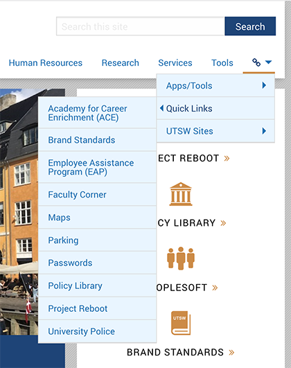 A mockup showing the updates to our navigation pertinent to ACE, Brand Standards, and Project Reboot.