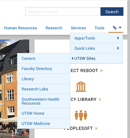 A mockup showing the updates to our navigation pertinent to to all institutional websites including utsouthwestern.edu, utswmed.org, and the library.