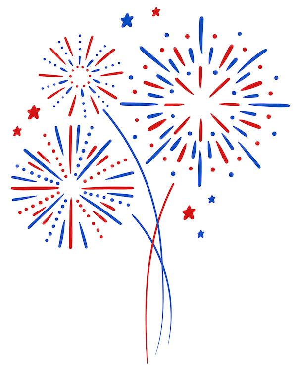 Drawing of red and blue fireworks and stars