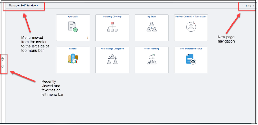 PeopleSoft home page image after June 2022 with eight tiles, menu moved, and new page navigation