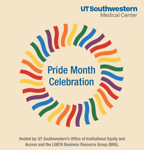 Pride Month Celebration logo with colorful ribbons coming off a circle