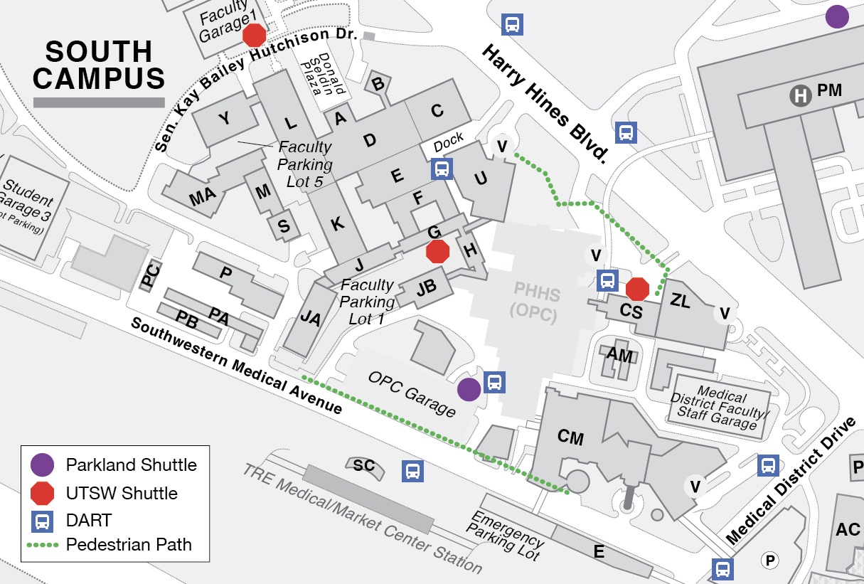 Map showing UT Southwestern and Parkland shuttle stops during Parkland demolition