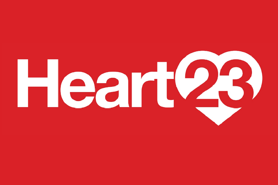 Logo for Heart23 in white on red background