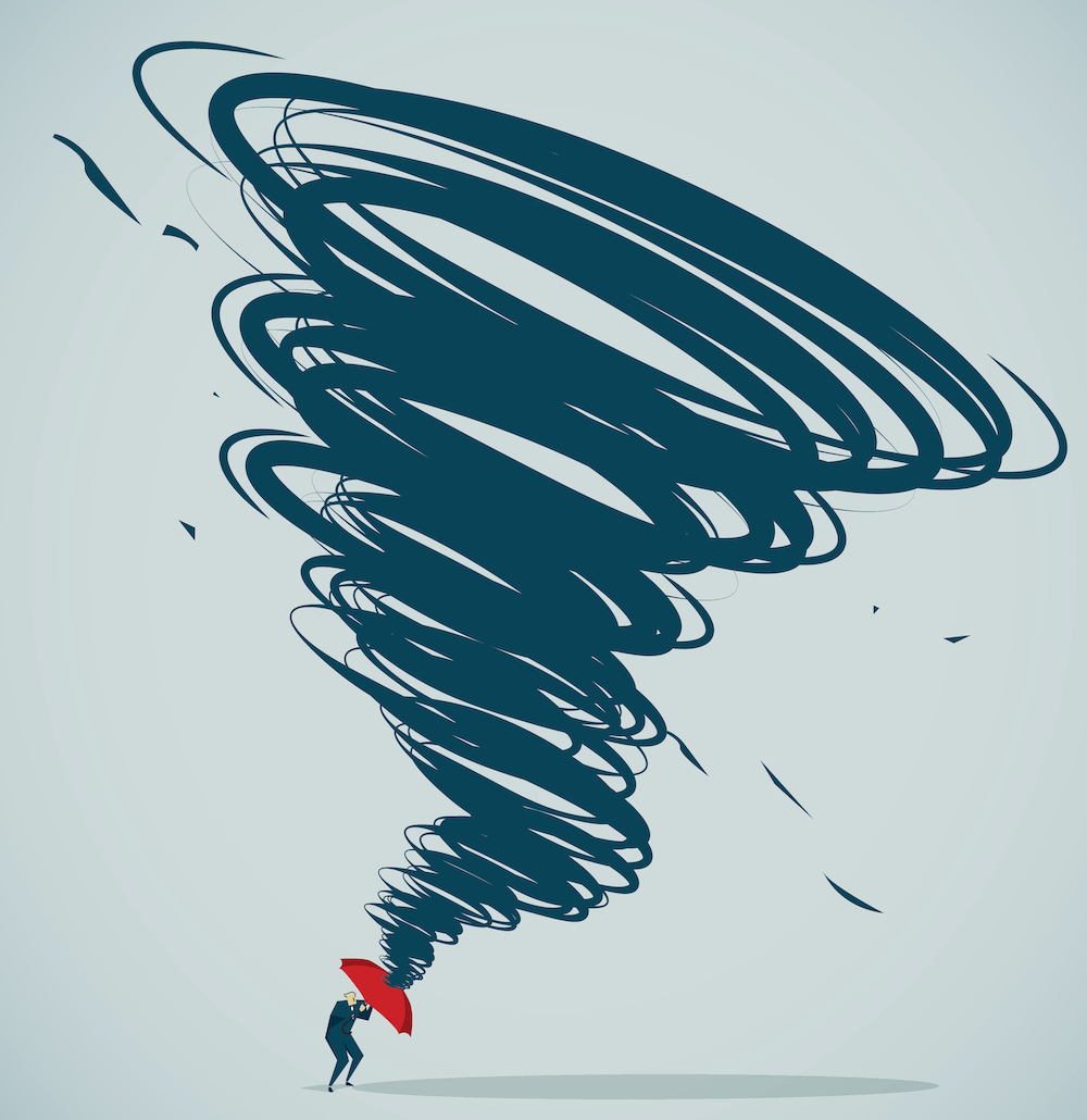 Illustration of a man holding a red umbrella with a tornado on top of it