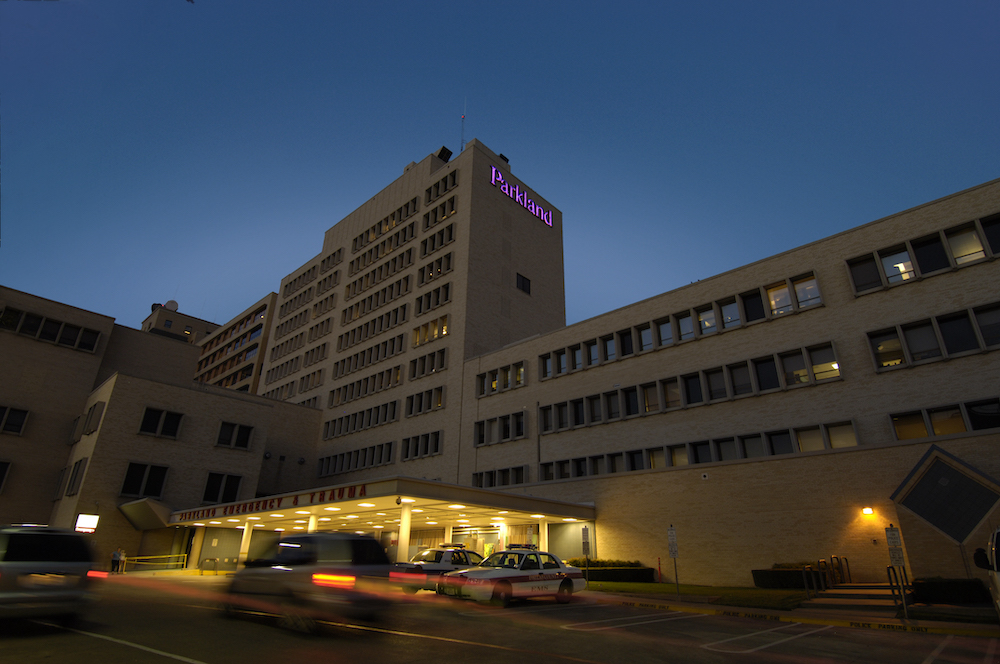 Night view of the old ER entrance at Parkland Memorial Hospital